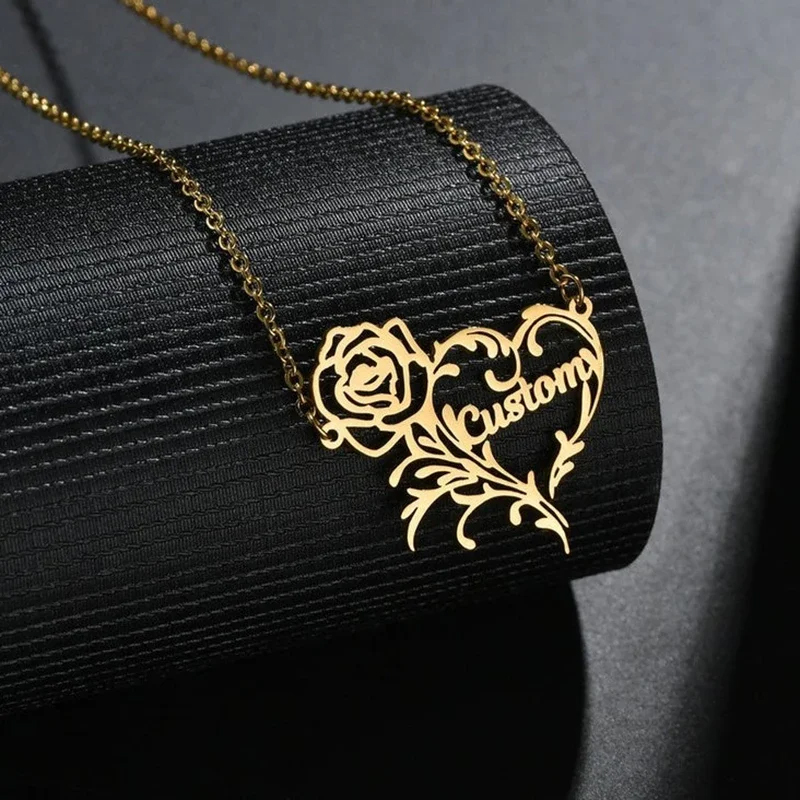 Birth Flower Necklace - 맞춤형 이름 장미 하트 매력 목걸이,